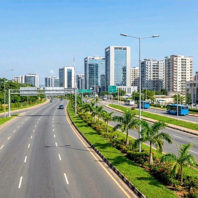 Wide road lined with palms and modern office buildings in Abuja (illustrative image)