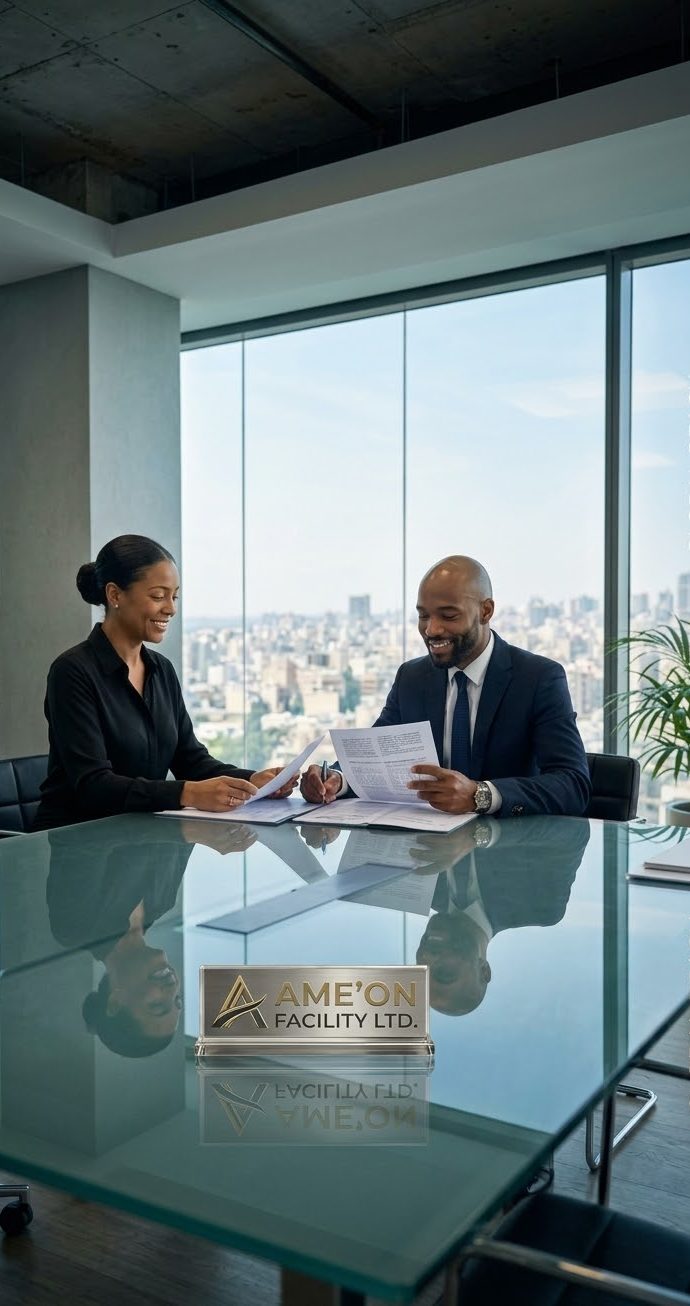 Two professionals reviewing documents at a glass boardroom table (illustrative image)