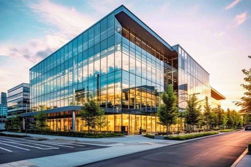 Modern glass-fronted commercial office building at dusk (illustrative image)