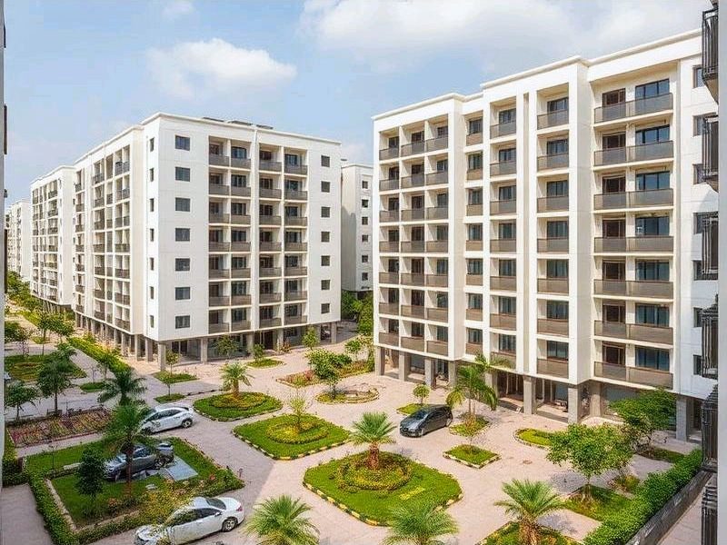 Residential apartment buildings with landscaped courtyards (illustrative image)