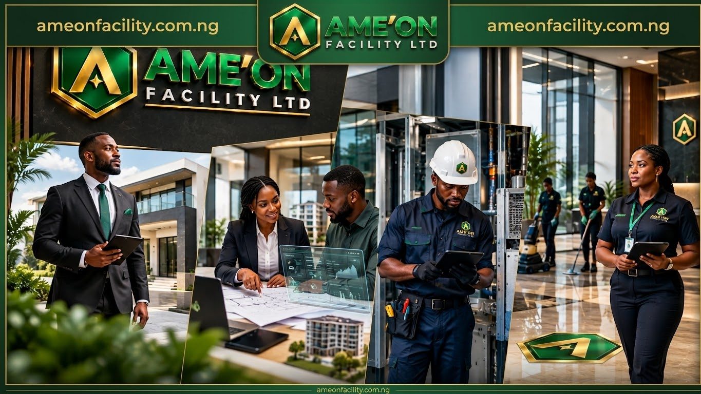 AME’ON FACILITY LTD service collage showing property management, facility inspection and commercial cleaning (illustrative image)