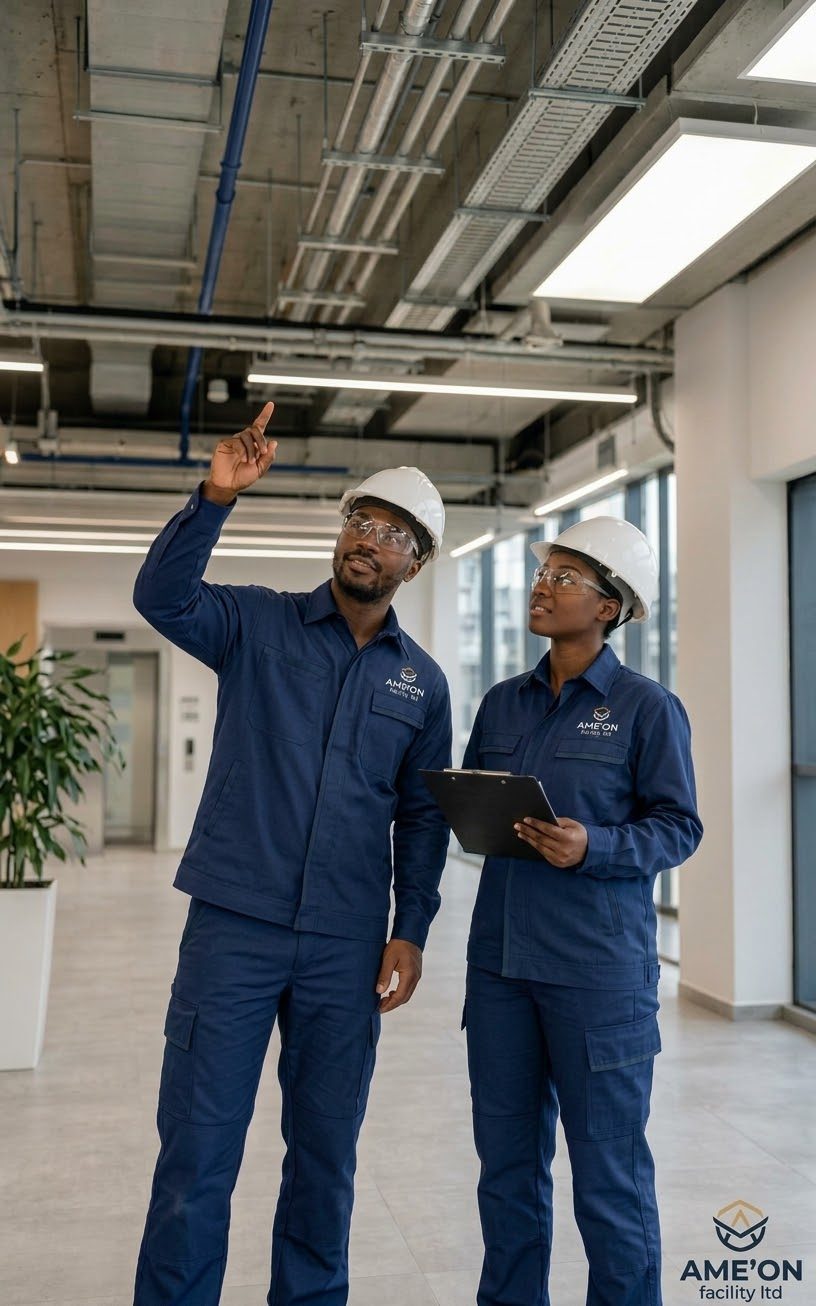 Two facility professionals in navy uniforms and hard hats inspecting a building interior (illustrative image)