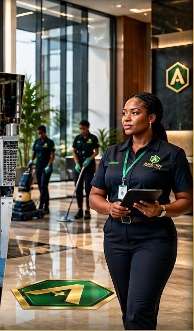 Cleaning team using a floor-cleaning machine in a lobby (illustrative image)